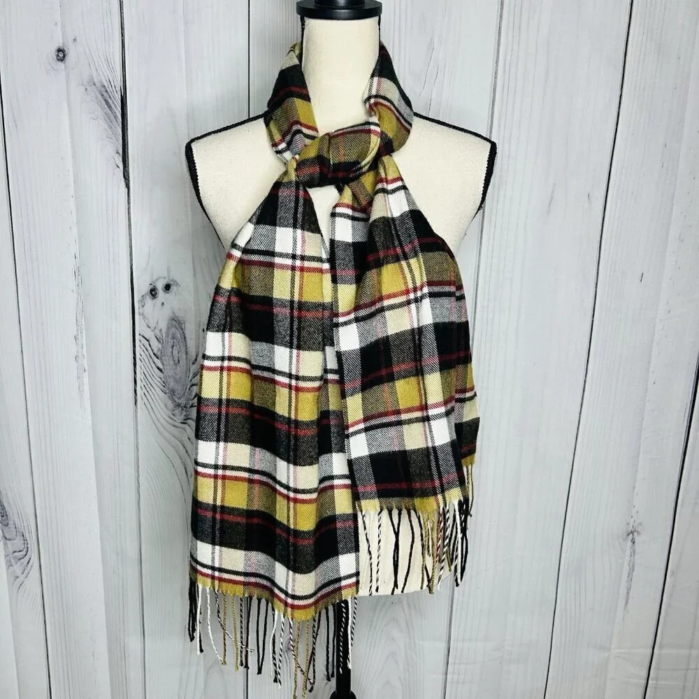 100% Cashmere Scarf Camel Tan Tartan Plaid Made in Scotland 70